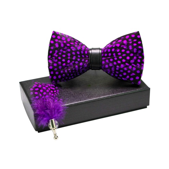 Men’s Handmade Pre Tied Feather Bow tie and Matching Lapel Pin Box Set Purple - Picture 2 of 2